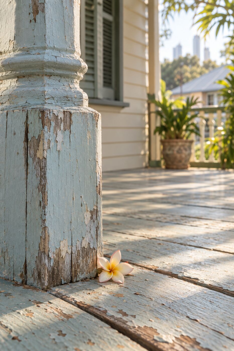 Morning light across weathered timber and peeling pale blue paint, with a single frangipani on the boards